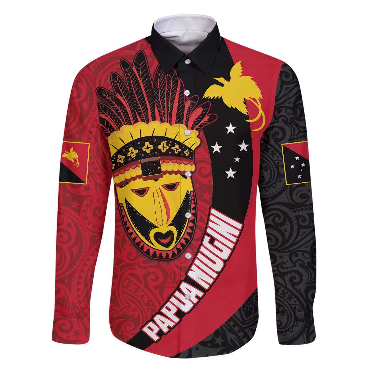 Papua New Guinea Mask Festival Family Matching Off The Shoulder Long Sleeve Dress and Hawaiian Shirt Papua Niugini Tribe Mask Melanesian Pattern LT03 Dad's Shirt - Long Sleeve Red - Polynesian Pride