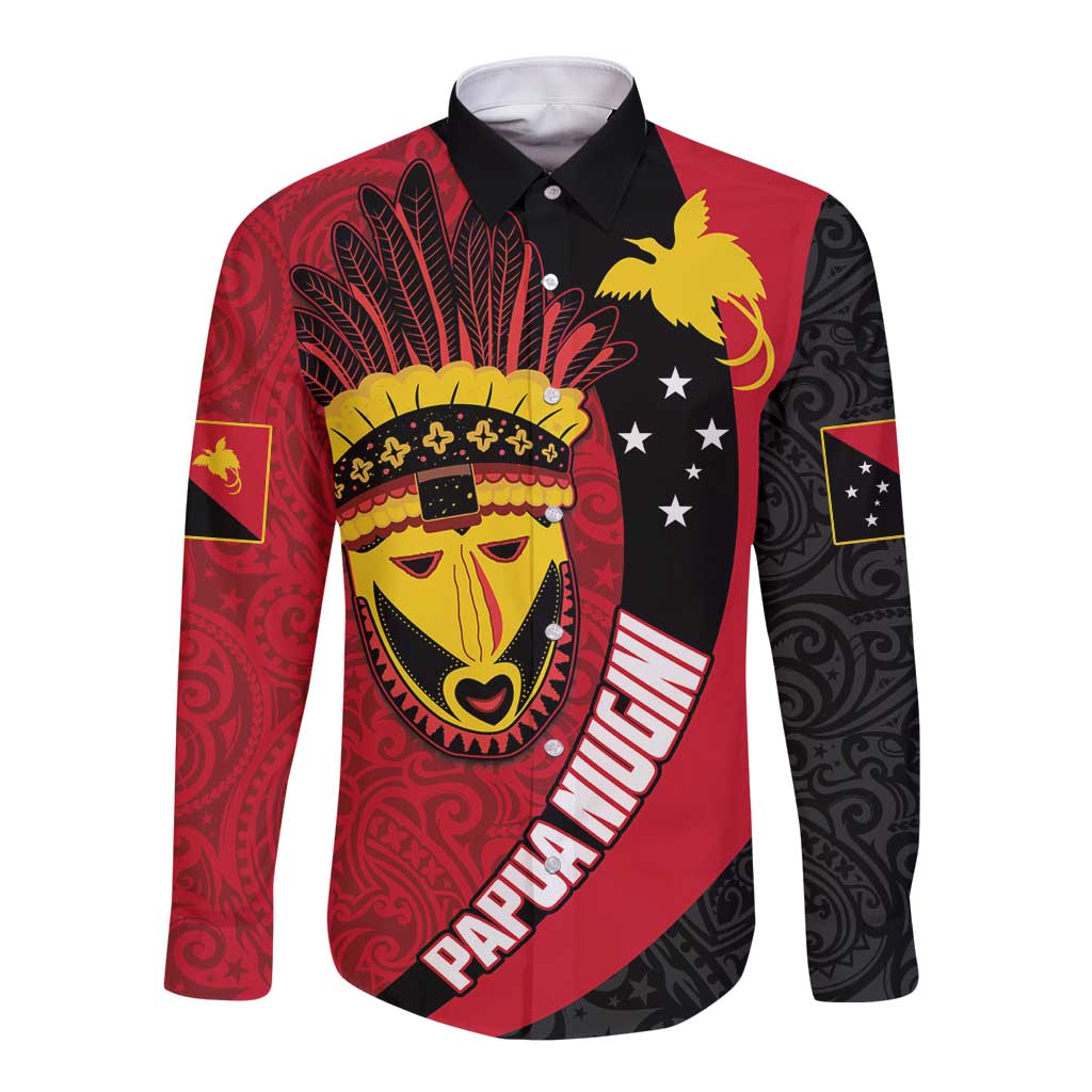 Papua New Guinea Mask Festival Long Sleeve Button Shirt Papua Niugini Tribe Mask Melanesian Pattern LT03 Unisex Red - Polynesian Pride