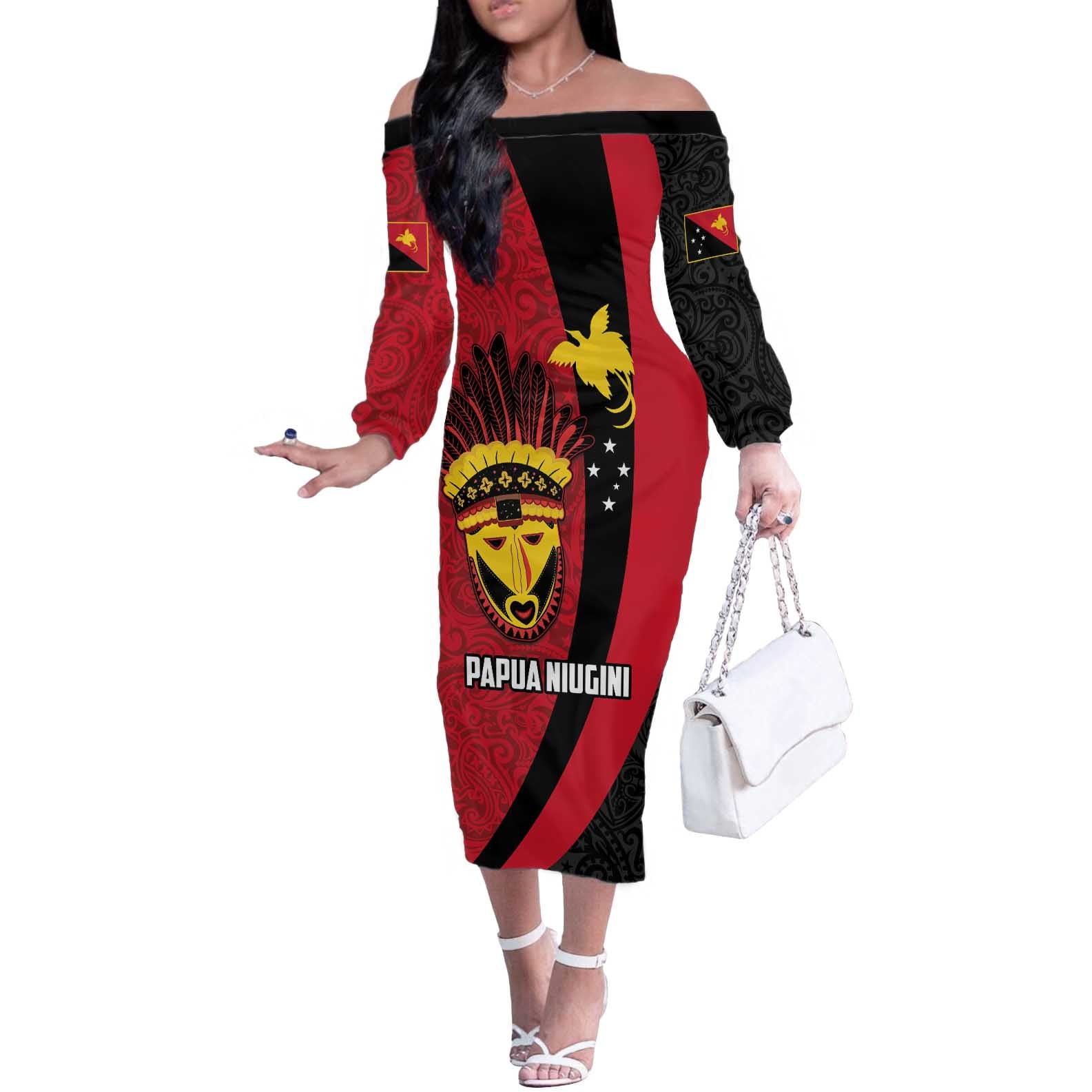 Papua New Guinea Mask Festival Off The Shoulder Long Sleeve Dress Papua Niugini Tribe Mask Melanesian Pattern LT03 Women Red - Polynesian Pride