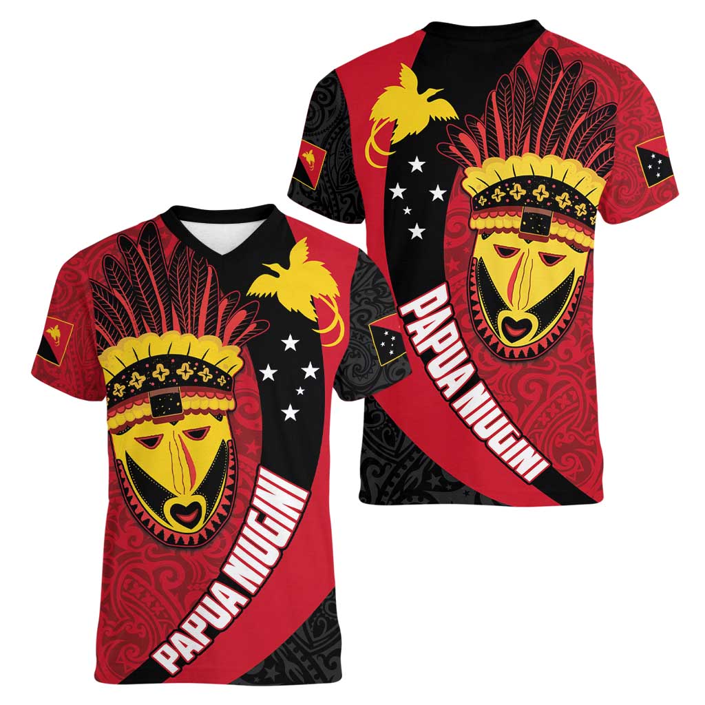 Papua New Guinea Mask Festival Women V-Neck T-Shirt Papua Niugini Tribe Mask Melanesian Pattern