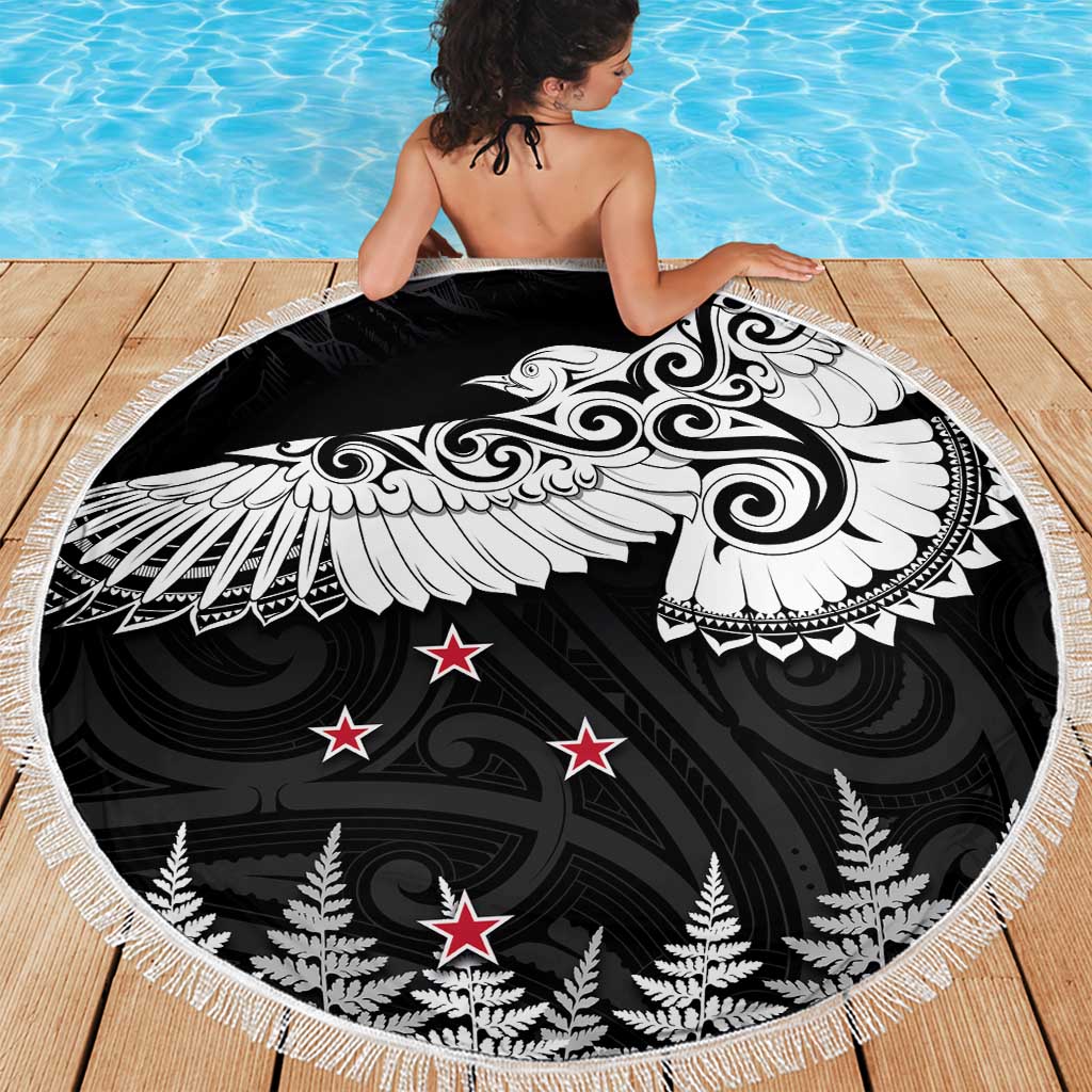 New Zealand Kea Bird Beach Blanket Maori Tattoo and Silver Fern Black Color