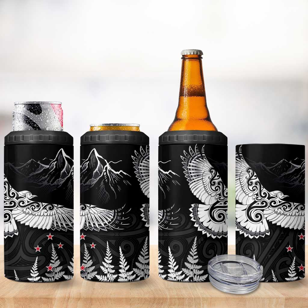 New Zealand Kea Bird 4 in 1 Can Cooler Tumbler Maori Tattoo and Silver Fern Black Color