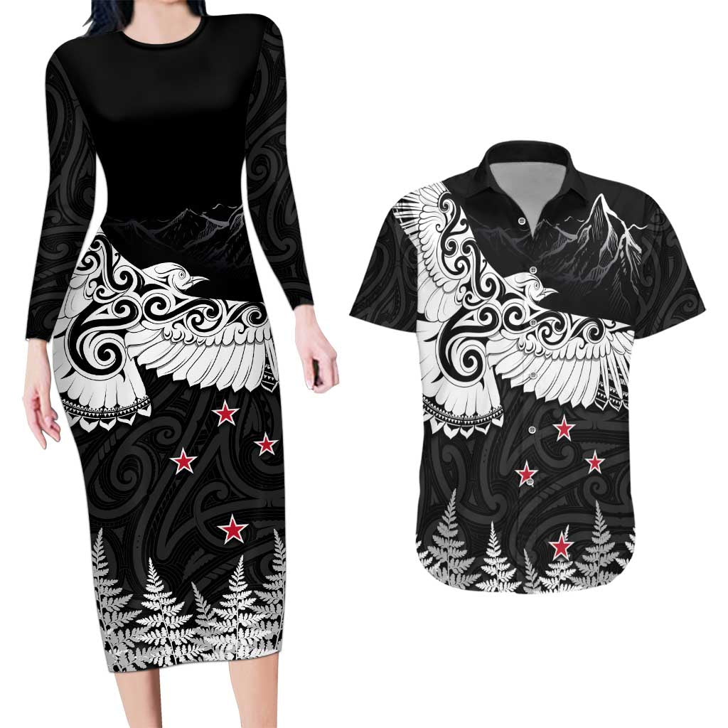 New Zealand Kea Bird Couples Matching Long Sleeve Bodycon Dress and Hawaiian Shirt Maori Tattoo and Silver Fern Black Color LT03 Black - Polynesian Pride