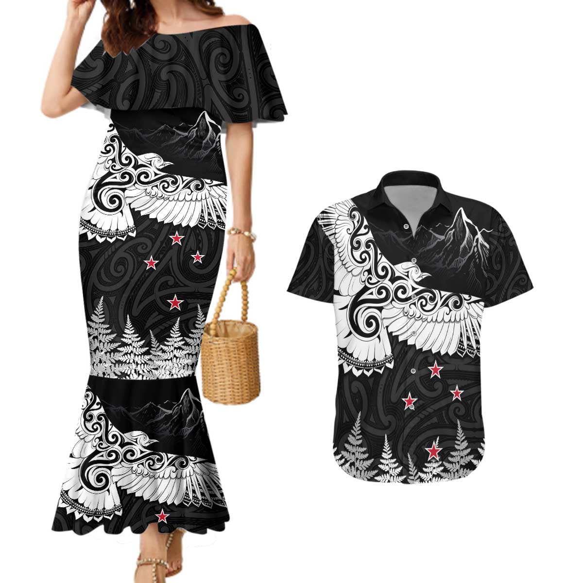 New Zealand Kea Bird Couples Matching Mermaid Dress and Hawaiian Shirt Maori Tattoo and Silver Fern Black Color LT03 Black - Polynesian Pride