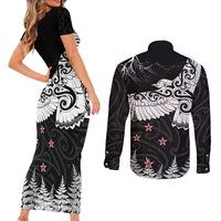 New Zealand Kea Bird Couples Matching Short Sleeve Bodycon Dress and Long Sleeve Button Shirt Maori Tattoo and Silver Fern Black Color