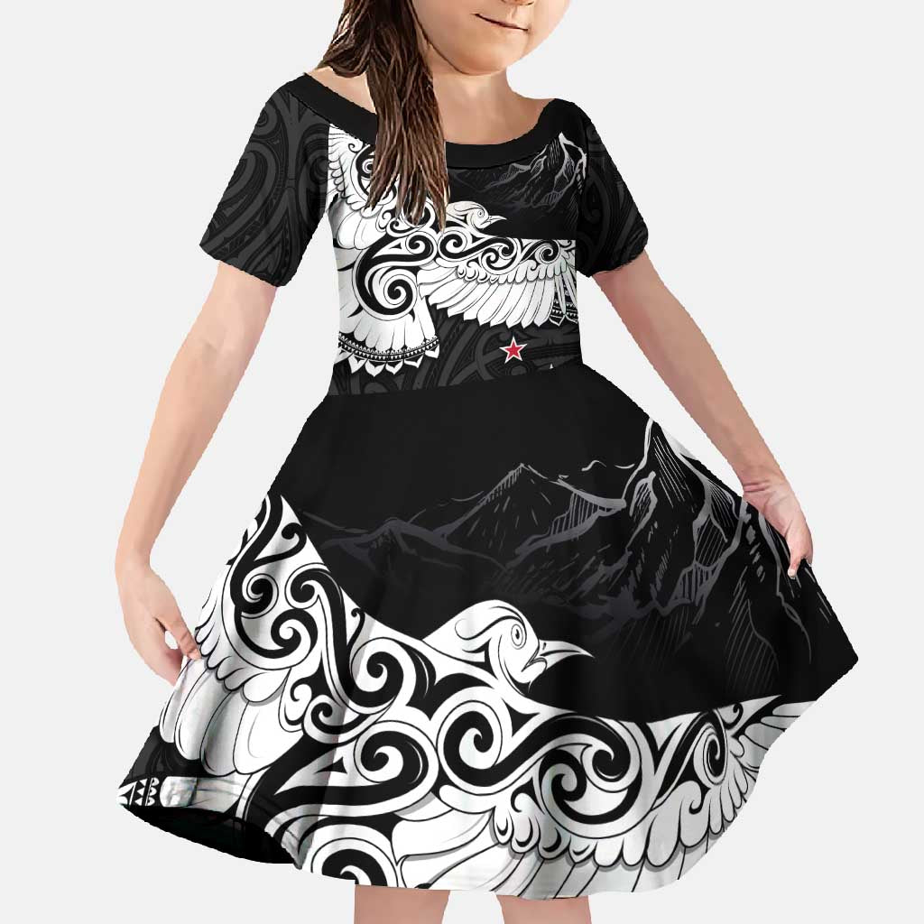 New Zealand Kea Bird Family Matching Mermaid Dress and Hawaiian Shirt Maori Tattoo and Silver Fern Black Color LT03 Daughter's Dress Black - Polynesian Pride