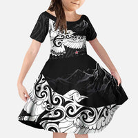 New Zealand Kea Bird Family Matching Mermaid Dress and Hawaiian Shirt Maori Tattoo and Silver Fern Black Color LT03 Daughter's Dress Black - Polynesian Pride