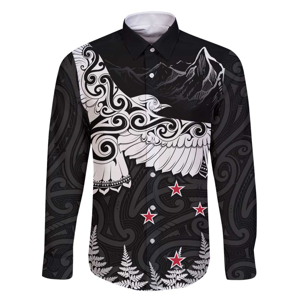 New Zealand Kea Bird Family Matching Mermaid Dress and Hawaiian Shirt Maori Tattoo and Silver Fern Black Color LT03 Dad's Shirt - Long Sleeve Black - Polynesian Pride