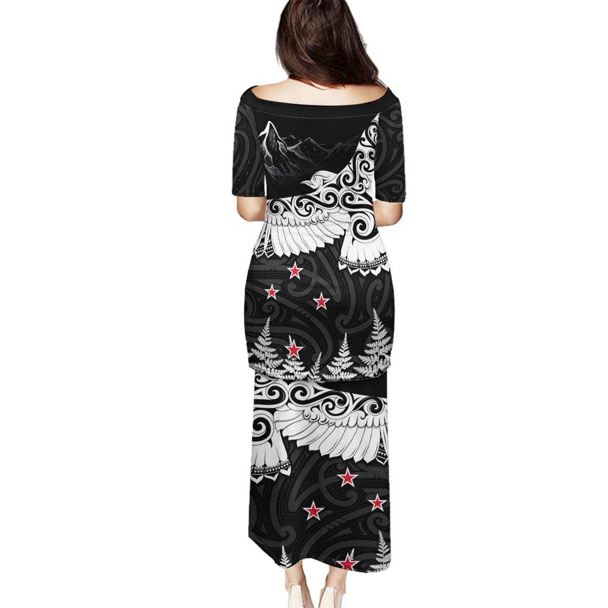 New Zealand Kea Bird Family Matching Puletasi and Hawaiian Shirt Maori Tattoo and Silver Fern Black Color