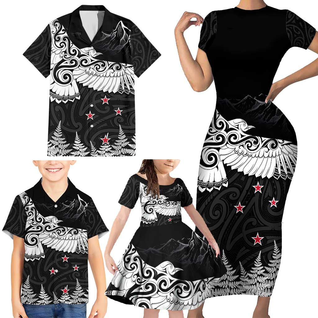 New Zealand Kea Bird Family Matching Short Sleeve Bodycon Dress and Hawaiian Shirt Maori Tattoo and Silver Fern Black Color LT03 - Polynesian Pride