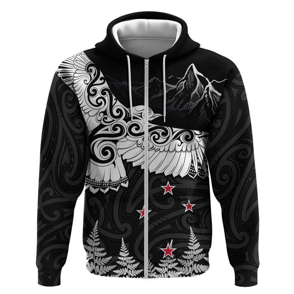 New Zealand Kea Bird Hoodie Maori Tattoo and Silver Fern Black Color