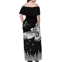 New Zealand Kea Bird Off Shoulder Maxi Dress Maori Tattoo and Silver Fern Black Color