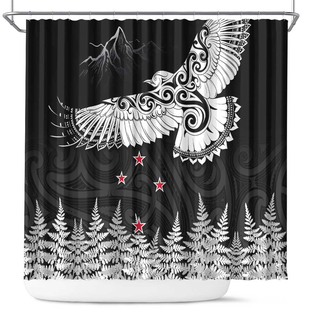 New Zealand Kea Bird Shower Curtain Maori Tattoo and Silver Fern Black Color LT03 Black - Polynesian Pride
