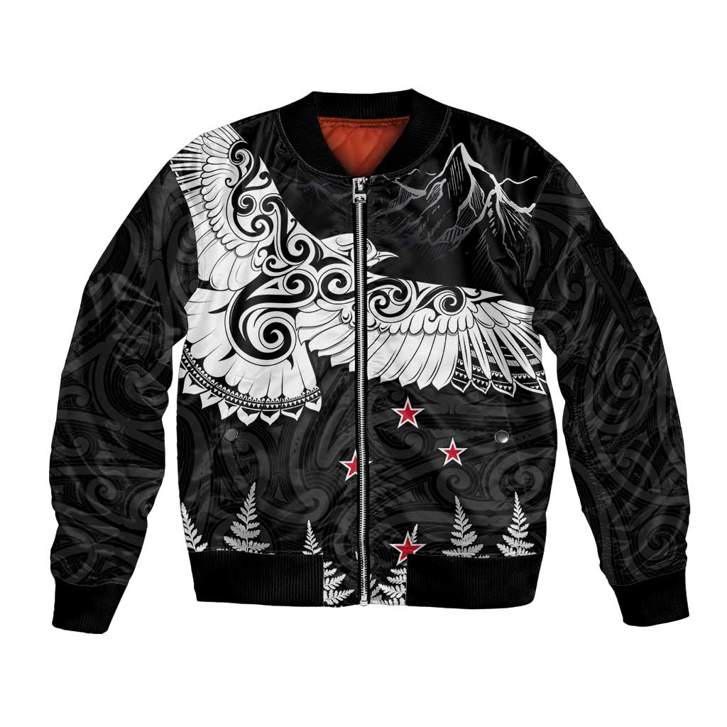 New Zealand Kea Bird Sleeve Zip Bomber Jacket Maori Tattoo and Silver Fern Black Color LT03 Unisex Black - Polynesian Pride