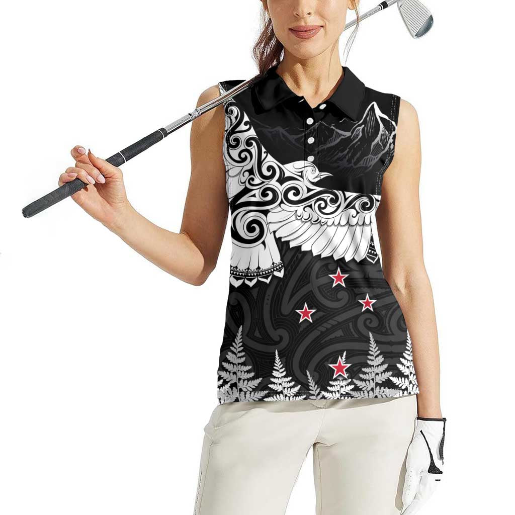 New Zealand Kea Bird Women Sleeveless Polo Shirt Maori Tattoo and Silver Fern Black Color