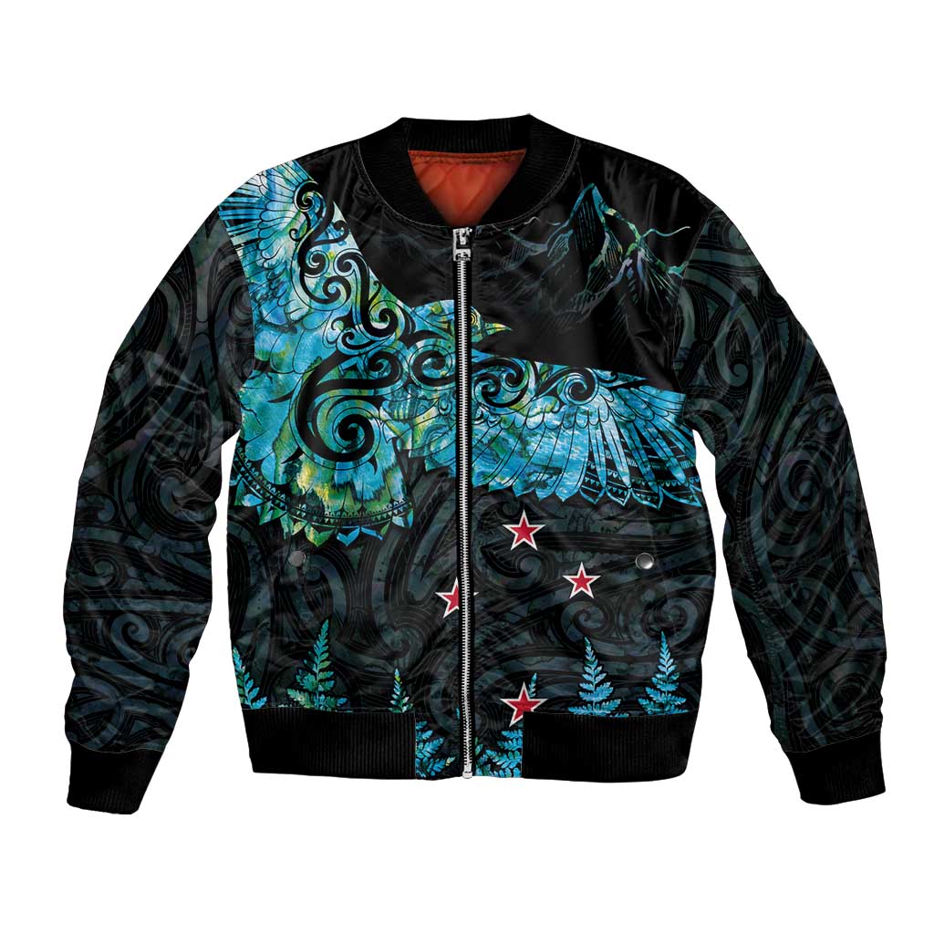 New Zealand Kea Bird Bomber Jacket Maori Tattoo and Silver Fern Paua Shell Style LT03 Unisex Black - Polynesian Pride