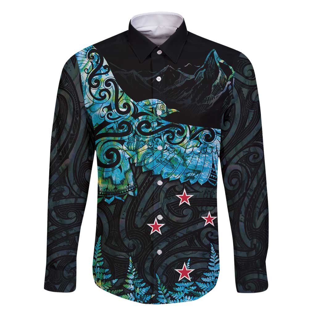 New Zealand Kea Bird Family Matching Mermaid Dress and Hawaiian Shirt Maori Tattoo and Silver Fern Paua Shell Style LT03 Dad's Shirt - Long Sleeve Black - Polynesian Pride