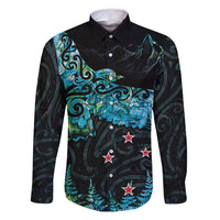 New Zealand Kea Bird Family Matching Mermaid Dress and Hawaiian Shirt Maori Tattoo and Silver Fern Paua Shell Style LT03 Dad's Shirt - Long Sleeve Black - Polynesian Pride