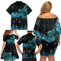 New Zealand Kea Bird Family Matching Off Shoulder Short Dress and Hawaiian Shirt Maori Tattoo and Silver Fern Paua Shell Style