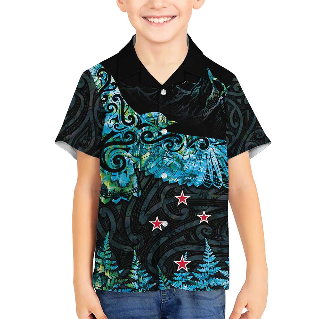 New Zealand Kea Bird Family Matching Short Sleeve Bodycon Dress and Hawaiian Shirt Maori Tattoo and Silver Fern Paua Shell Style LT03 Son's Shirt Black - Polynesian Pride