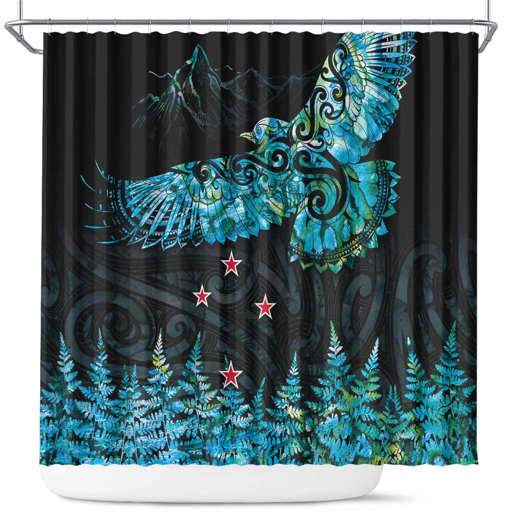 New Zealand Kea Bird Shower Curtain Maori Tattoo and Silver Fern Paua Shell Style LT03 Black - Polynesian Pride