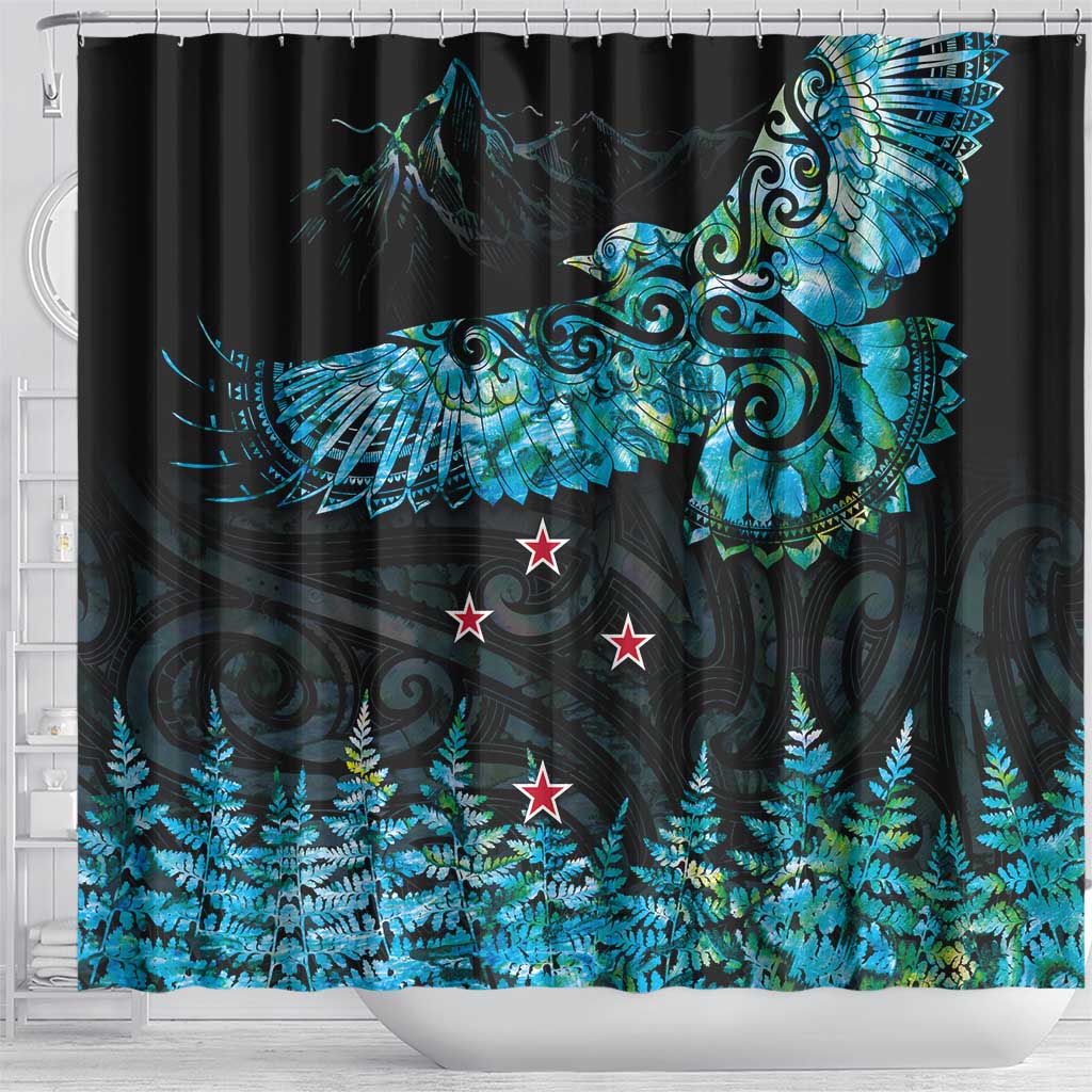New Zealand Kea Bird Shower Curtain Maori Tattoo and Silver Fern Paua Shell Style