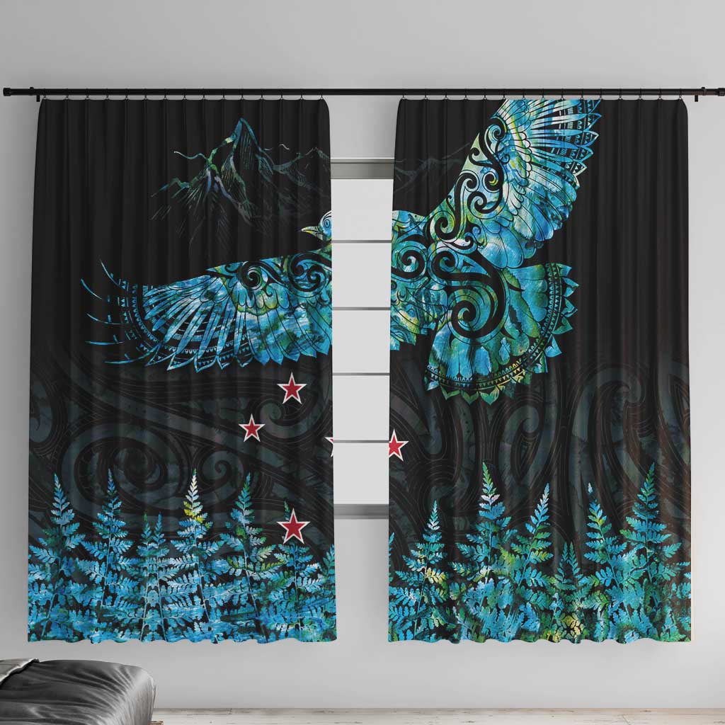 New Zealand Kea Bird Window Curtain Maori Tattoo and Silver Fern Paua Shell Style LT03 With Hooks Black - Polynesian Pride