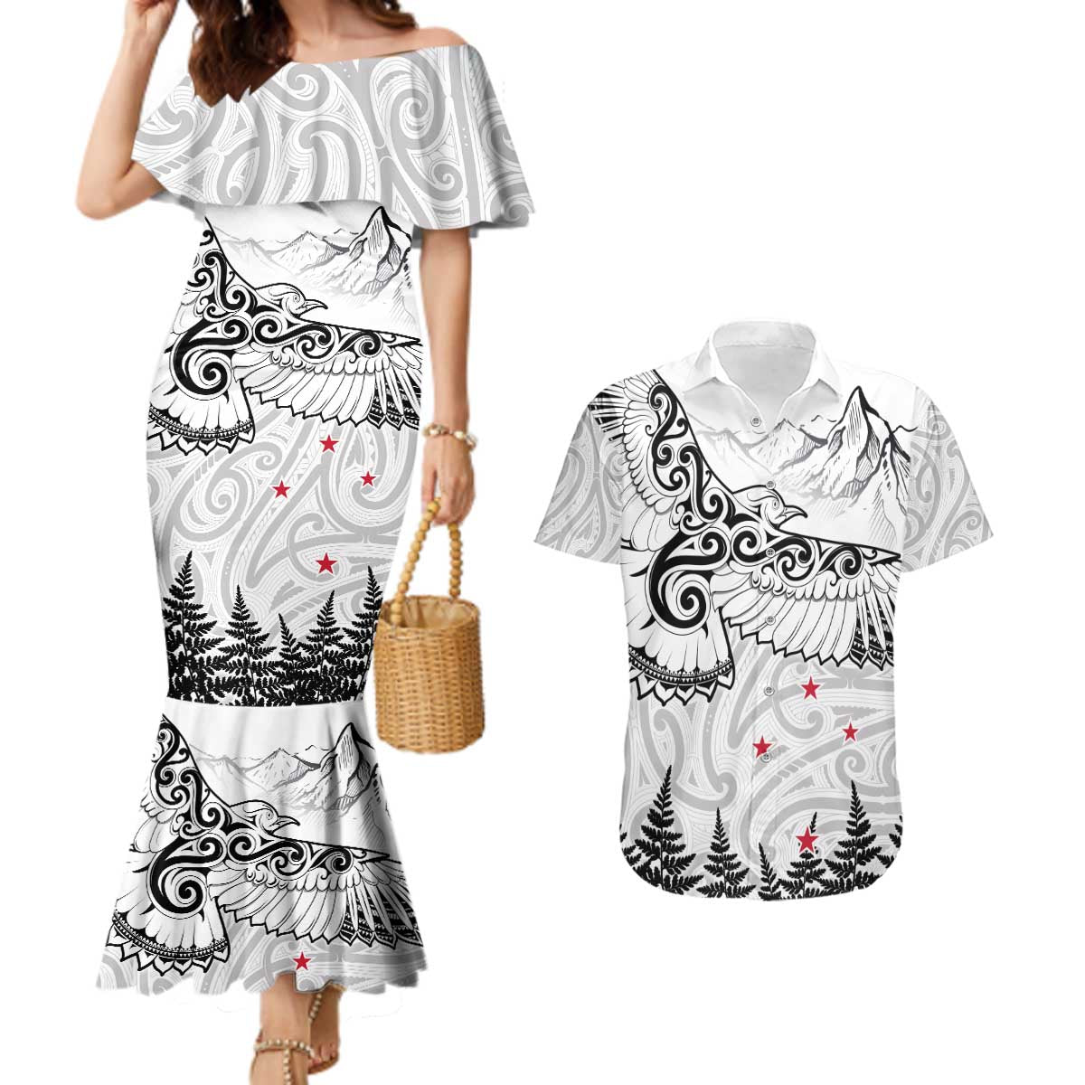 New Zealand Kea Bird Couples Matching Mermaid Dress and Hawaiian Shirt Maori Tattoo and Silver Fern White Color LT03 White - Polynesian Pride