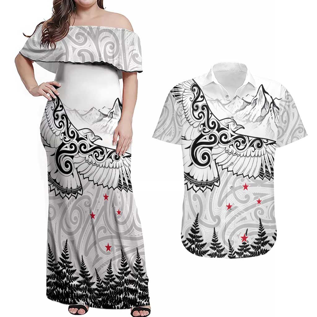 New Zealand Kea Bird Couples Matching Off Shoulder Maxi Dress and Hawaiian Shirt Maori Tattoo and Silver Fern White Color LT03 White - Polynesian Pride