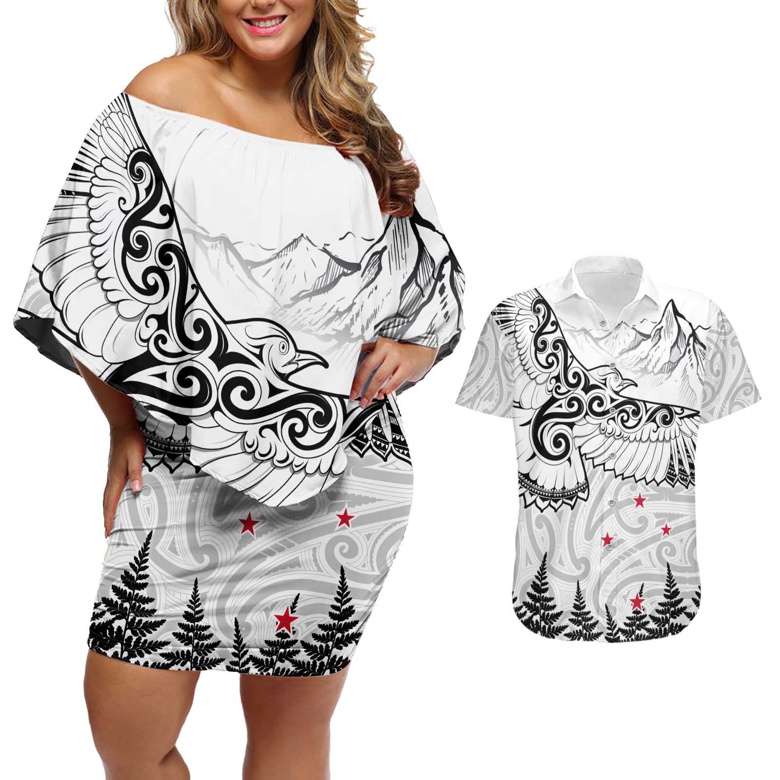 New Zealand Kea Bird Couples Matching Off Shoulder Short Dress and Hawaiian Shirt Maori Tattoo and Silver Fern White Color LT03 White - Polynesian Pride