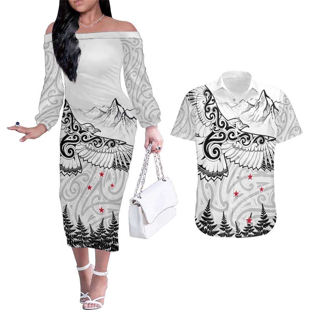 New Zealand Kea Bird Couples Matching Off The Shoulder Long Sleeve Dress and Hawaiian Shirt Maori Tattoo and Silver Fern White Color LT03 White - Polynesian Pride