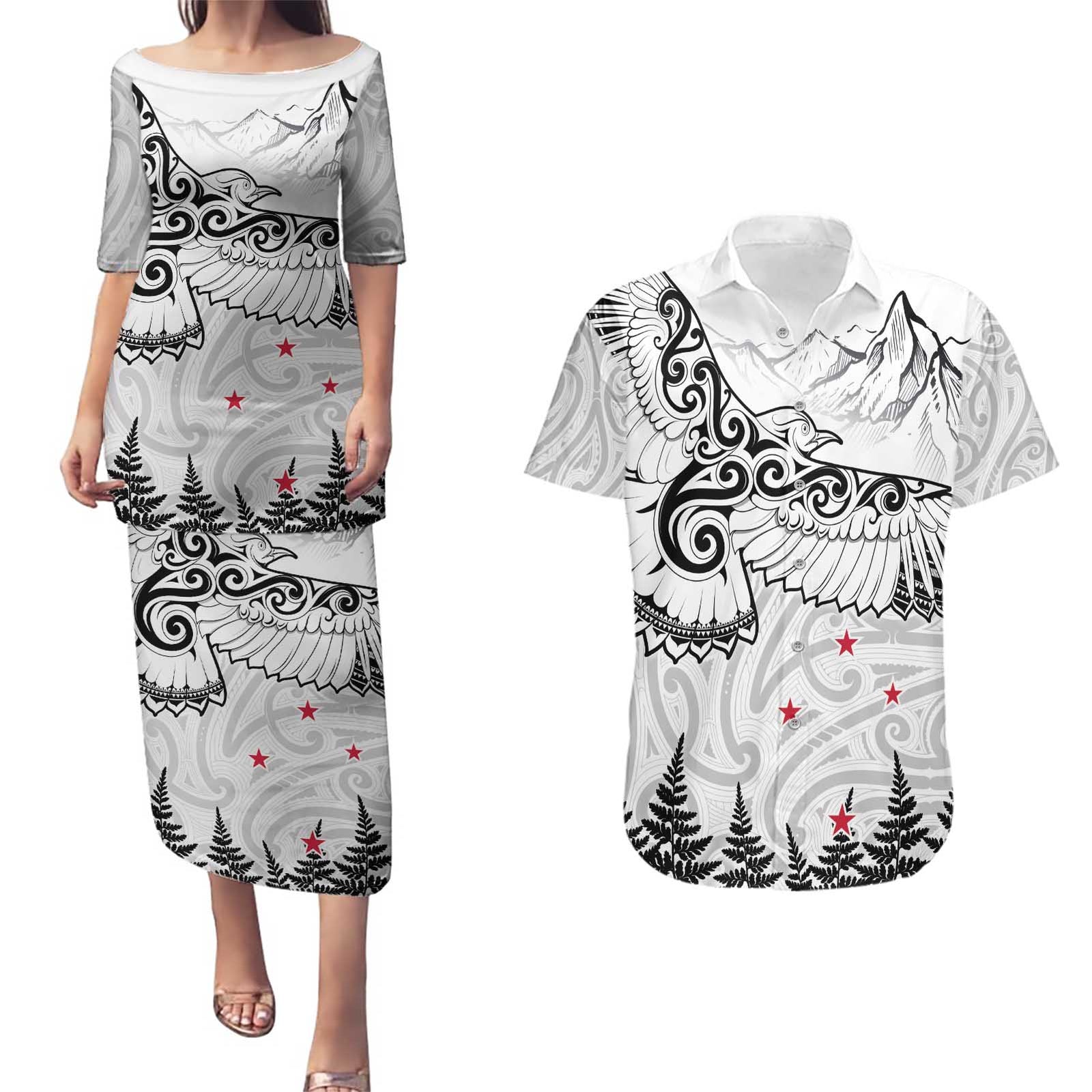 New Zealand Kea Bird Couples Matching Puletasi and Hawaiian Shirt Maori Tattoo and Silver Fern White Color LT03 White - Polynesian Pride