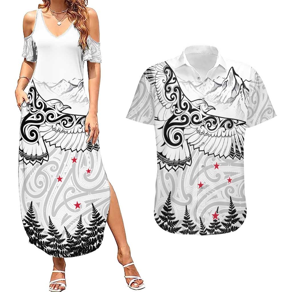 New Zealand Kea Bird Couples Matching Summer Maxi Dress and Hawaiian Shirt Maori Tattoo and Silver Fern White Color LT03 White - Polynesian Pride