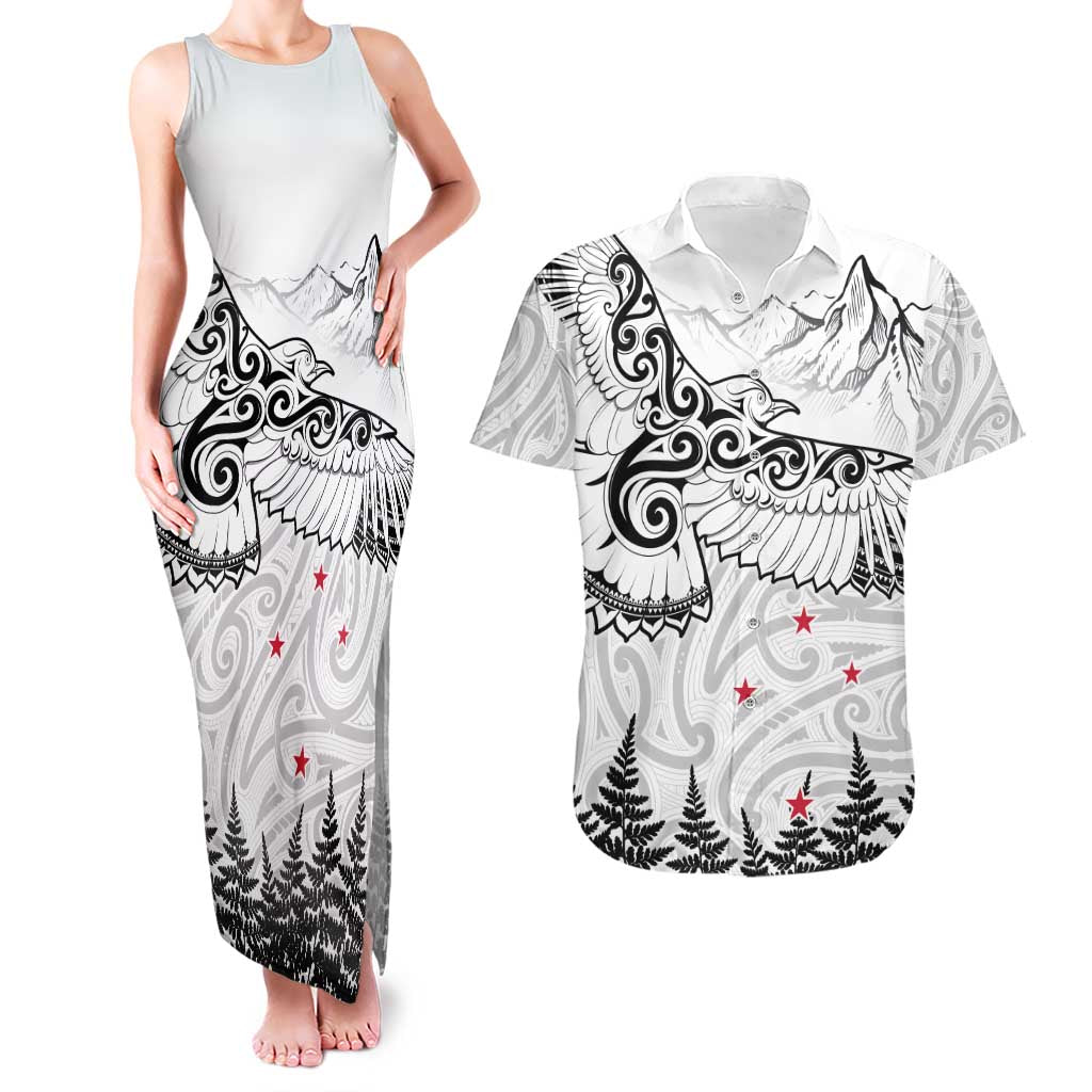 New Zealand Kea Bird Couples Matching Tank Maxi Dress and Hawaiian Shirt Maori Tattoo and Silver Fern White Color LT03 White - Polynesian Pride