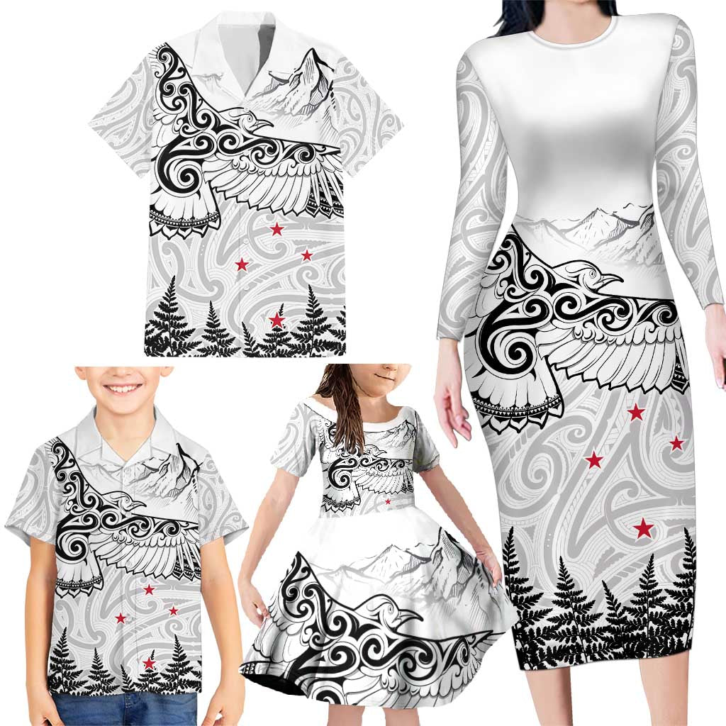New Zealand Kea Bird Family Matching Long Sleeve Bodycon Dress and Hawaiian Shirt Maori Tattoo and Silver Fern White Color LT03 - Polynesian Pride