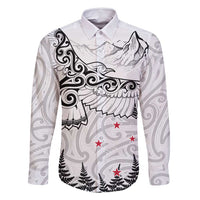 New Zealand Kea Bird Family Matching Mermaid Dress and Hawaiian Shirt Maori Tattoo and Silver Fern White Color LT03 Dad's Shirt - Long Sleeve White - Polynesian Pride