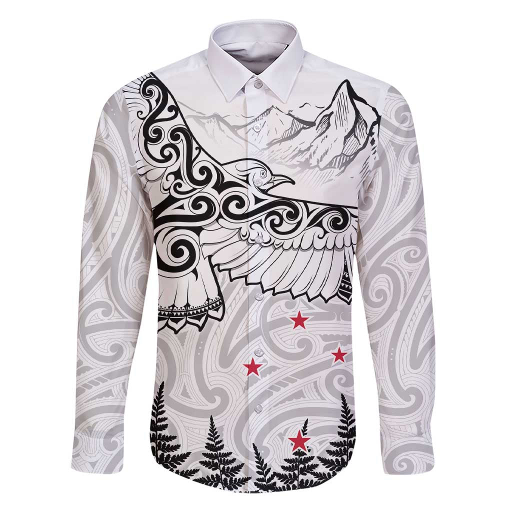 New Zealand Kea Bird Family Matching Short Sleeve Bodycon Dress and Hawaiian Shirt Maori Tattoo and Silver Fern White Color LT03 Dad's Shirt - Long Sleeve White - Polynesian Pride