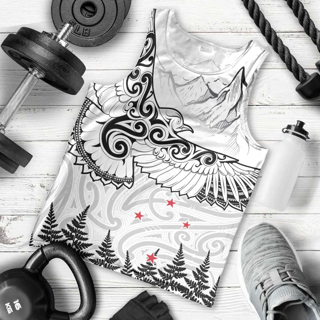 New Zealand Kea Bird Men Tank Top Maori Tattoo and Silver Fern White Color