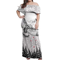New Zealand Kea Bird Off Shoulder Maxi Dress Maori Tattoo and Silver Fern White Color