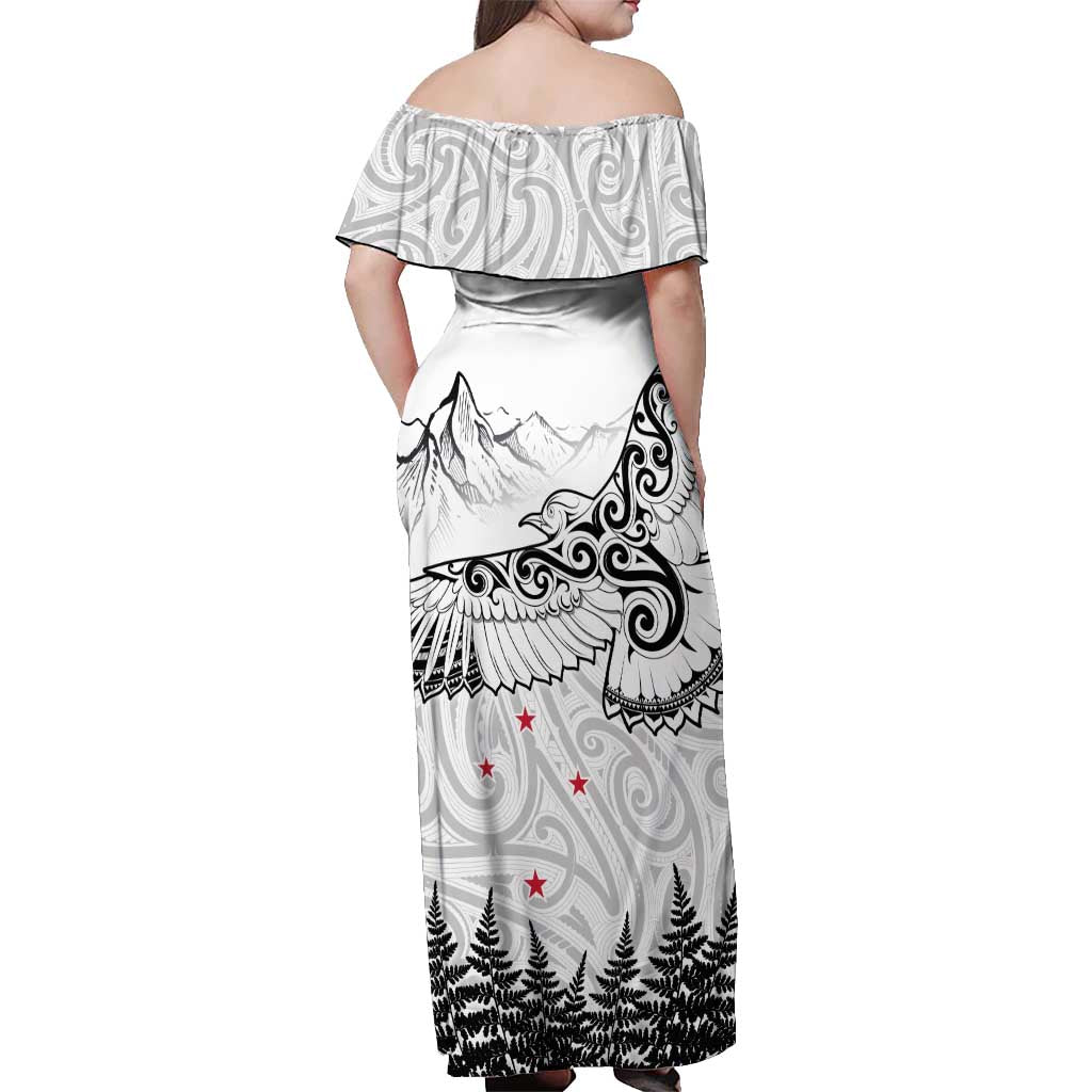 New Zealand Kea Bird Off Shoulder Maxi Dress Maori Tattoo and Silver Fern White Color