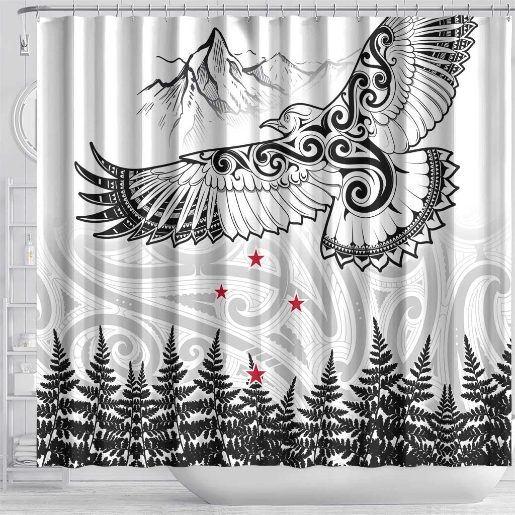 New Zealand Kea Bird Shower Curtain Maori Tattoo and Silver Fern White Color