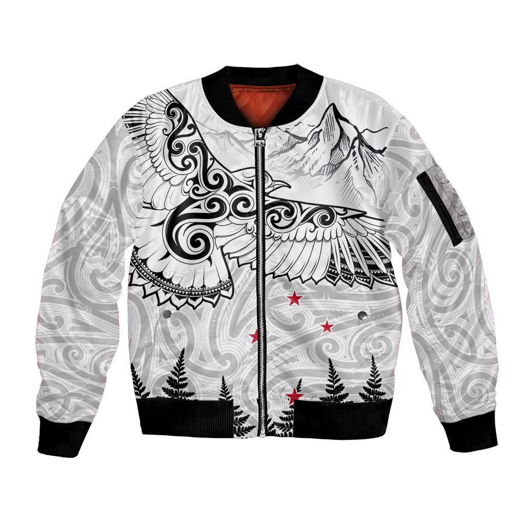 New Zealand Kea Bird Sleeve Zip Bomber Jacket Maori Tattoo and Silver Fern White Color LT03 Unisex White - Polynesian Pride