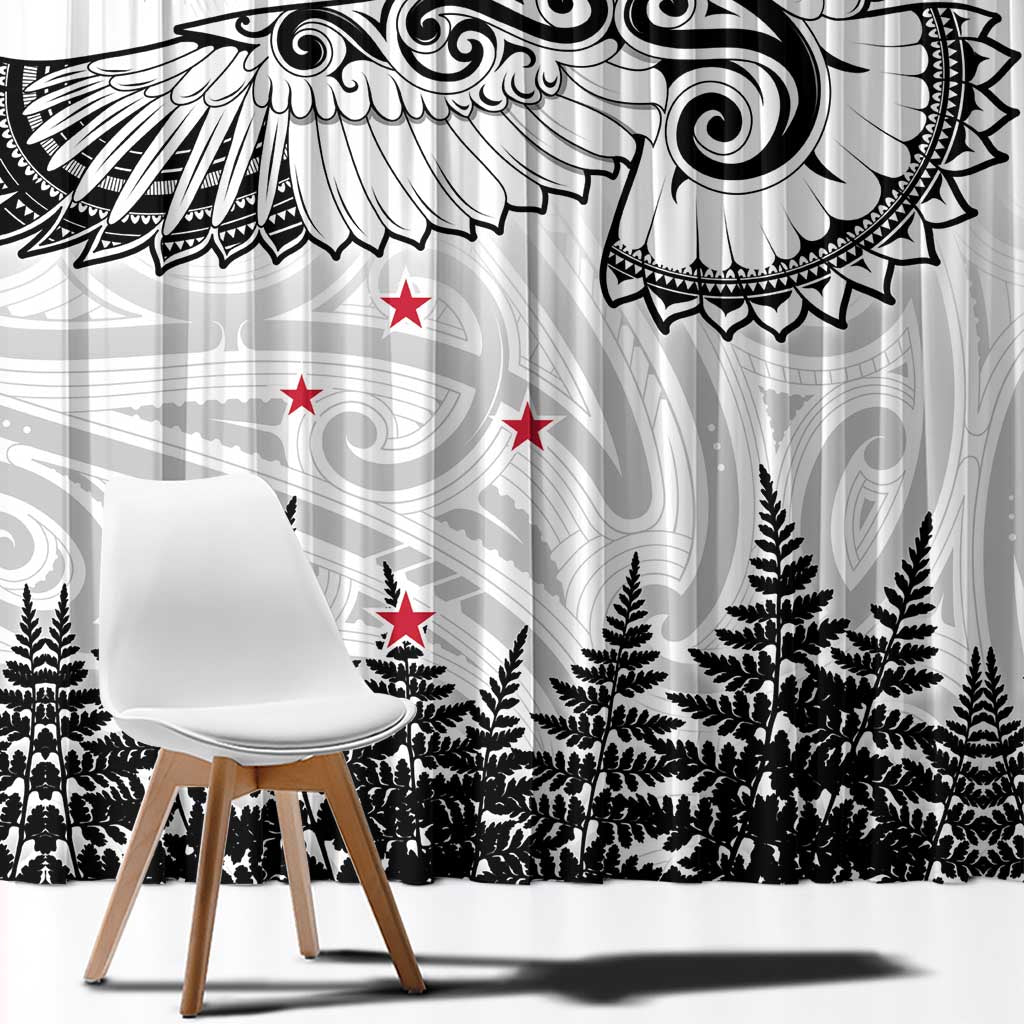 New Zealand Kea Bird Window Curtain Maori Tattoo and Silver Fern White Color