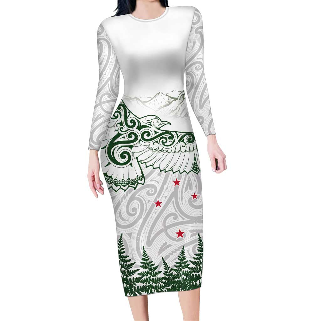 New Zealand Kea Bird Family Matching Long Sleeve Bodycon Dress and Hawaiian Shirt Maori Tattoo and Silver Fern Green Color