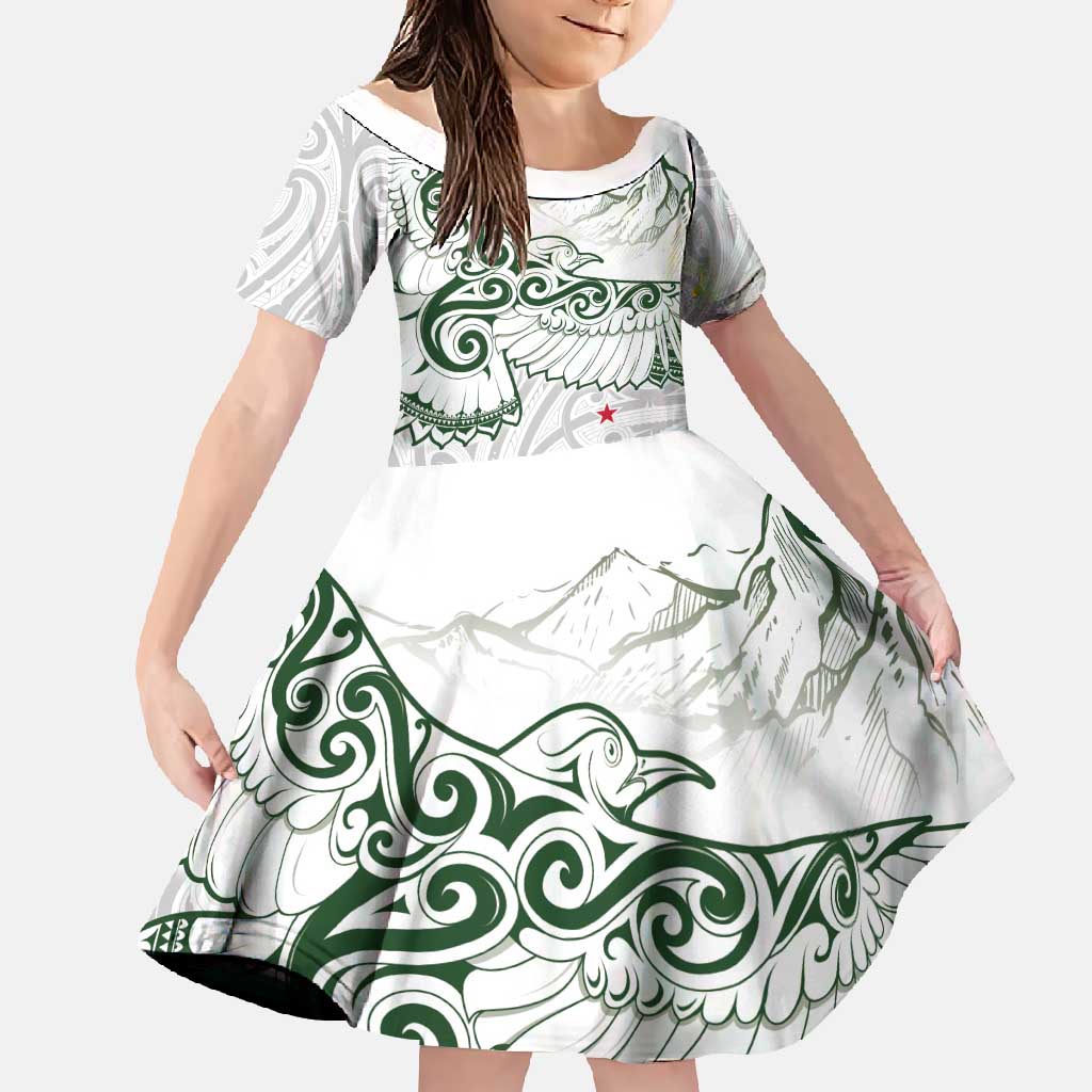 New Zealand Kea Bird Family Matching Mermaid Dress and Hawaiian Shirt Maori Tattoo and Silver Fern Green Color LT03 Daughter's Dress White - Polynesian Pride
