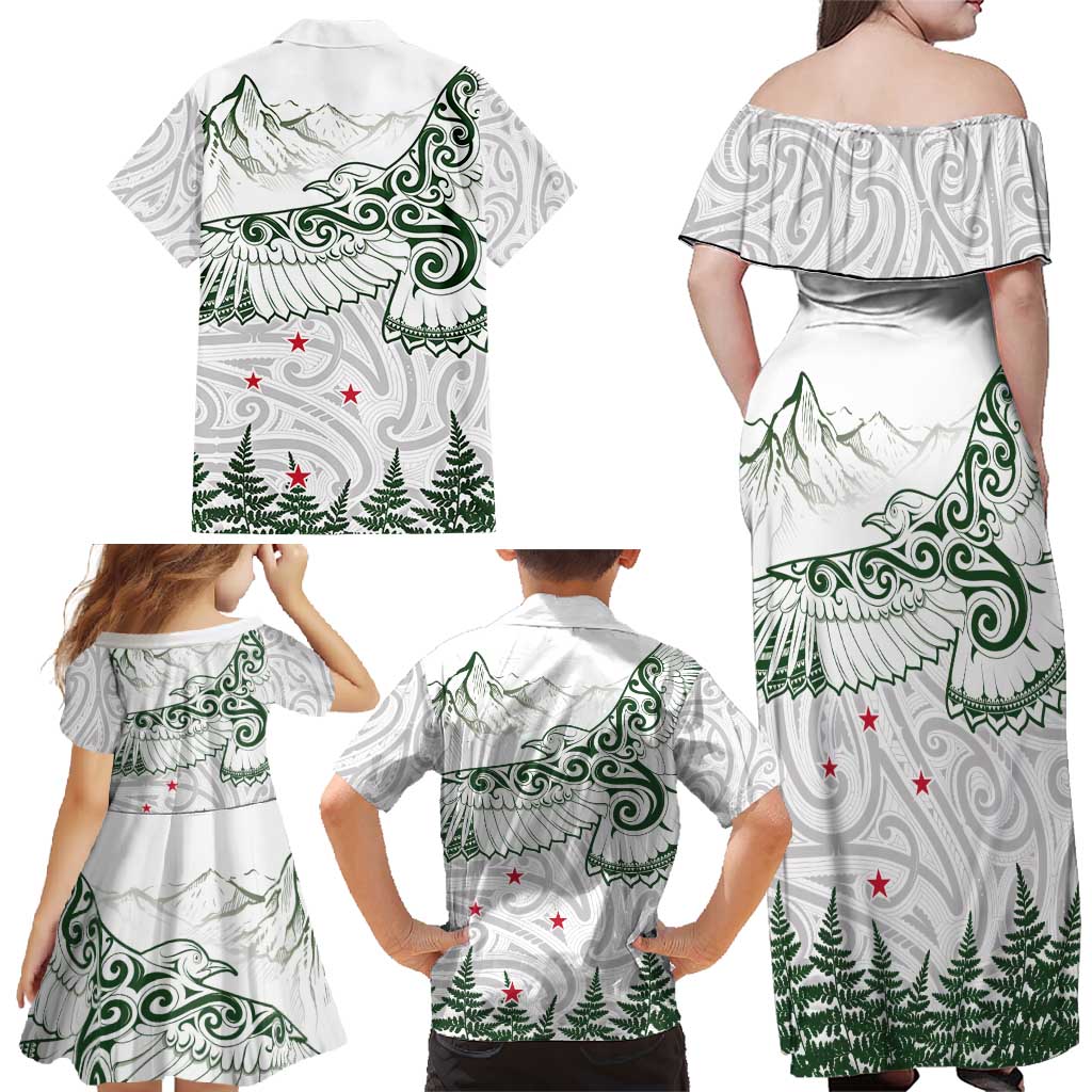 New Zealand Kea Bird Family Matching Off Shoulder Maxi Dress and Hawaiian Shirt Maori Tattoo and Silver Fern Green Color