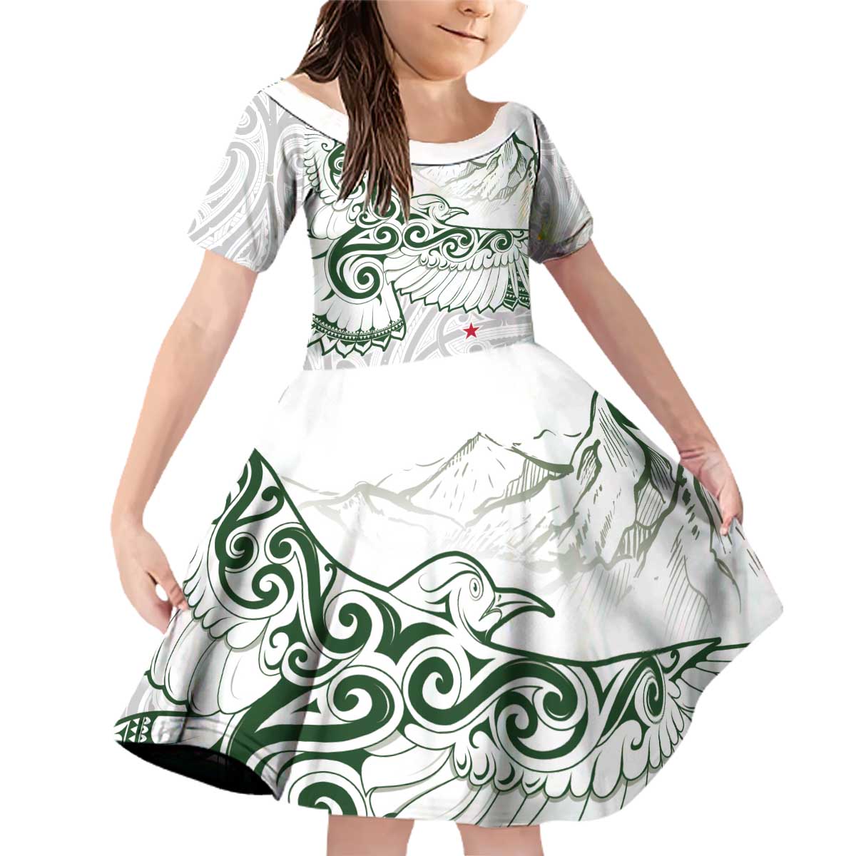 New Zealand Kea Bird Family Matching Off Shoulder Short Dress and Hawaiian Shirt Maori Tattoo and Silver Fern Green Color