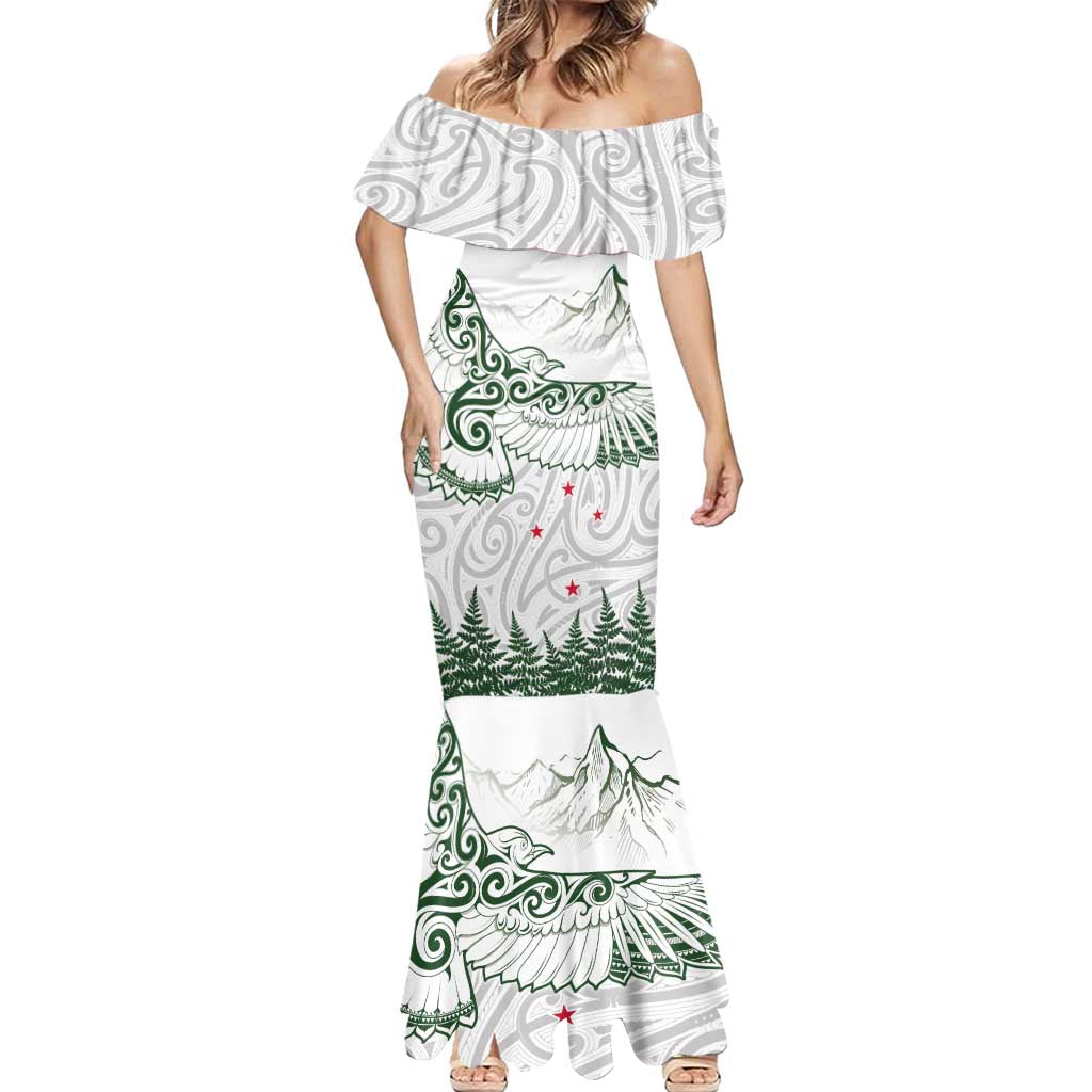 New Zealand Kea Bird Mermaid Dress Maori Tattoo and Silver Fern Green Color