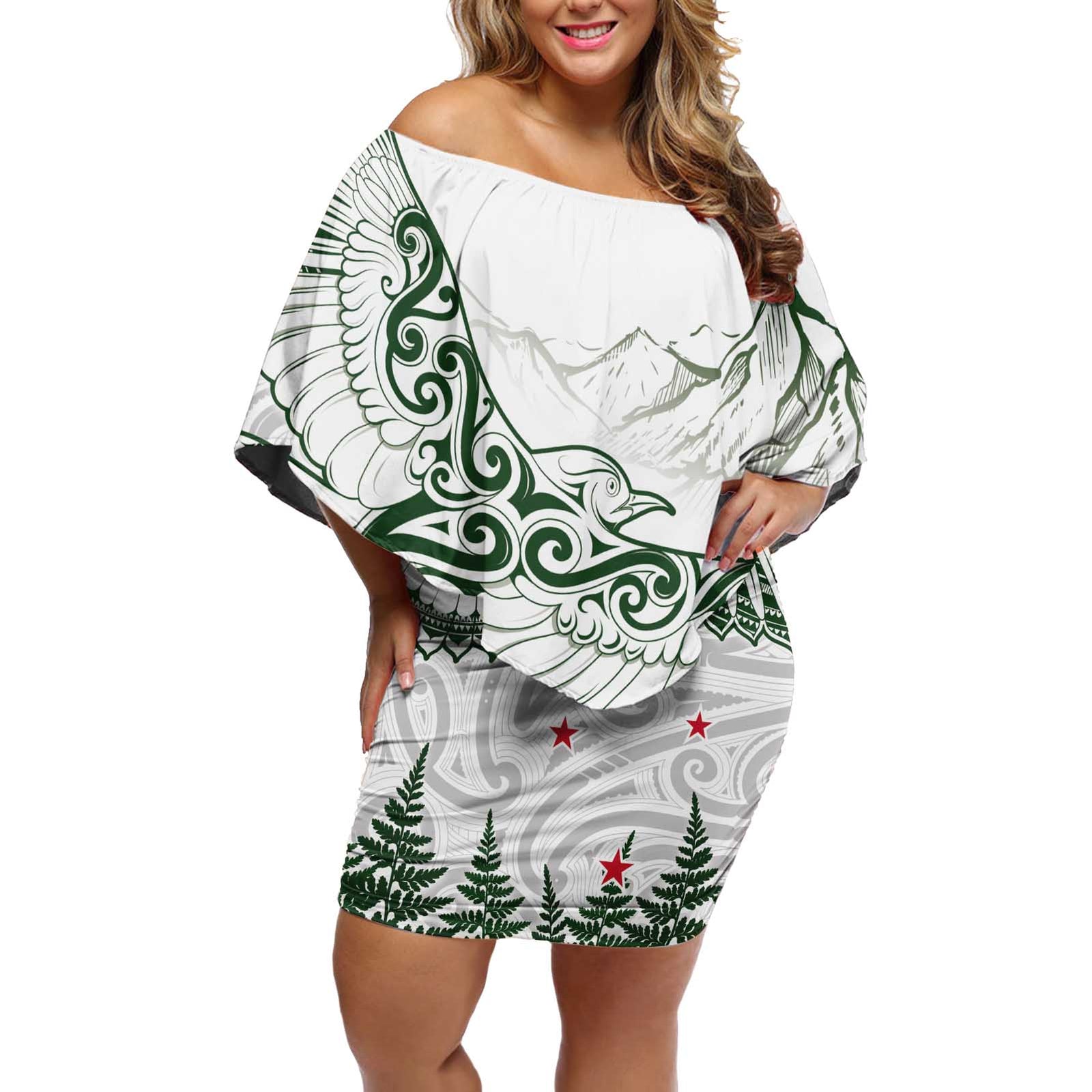 New Zealand Kea Bird Off Shoulder Short Dress Maori Tattoo and Silver Fern Green Color LT03 Women White - Polynesian Pride