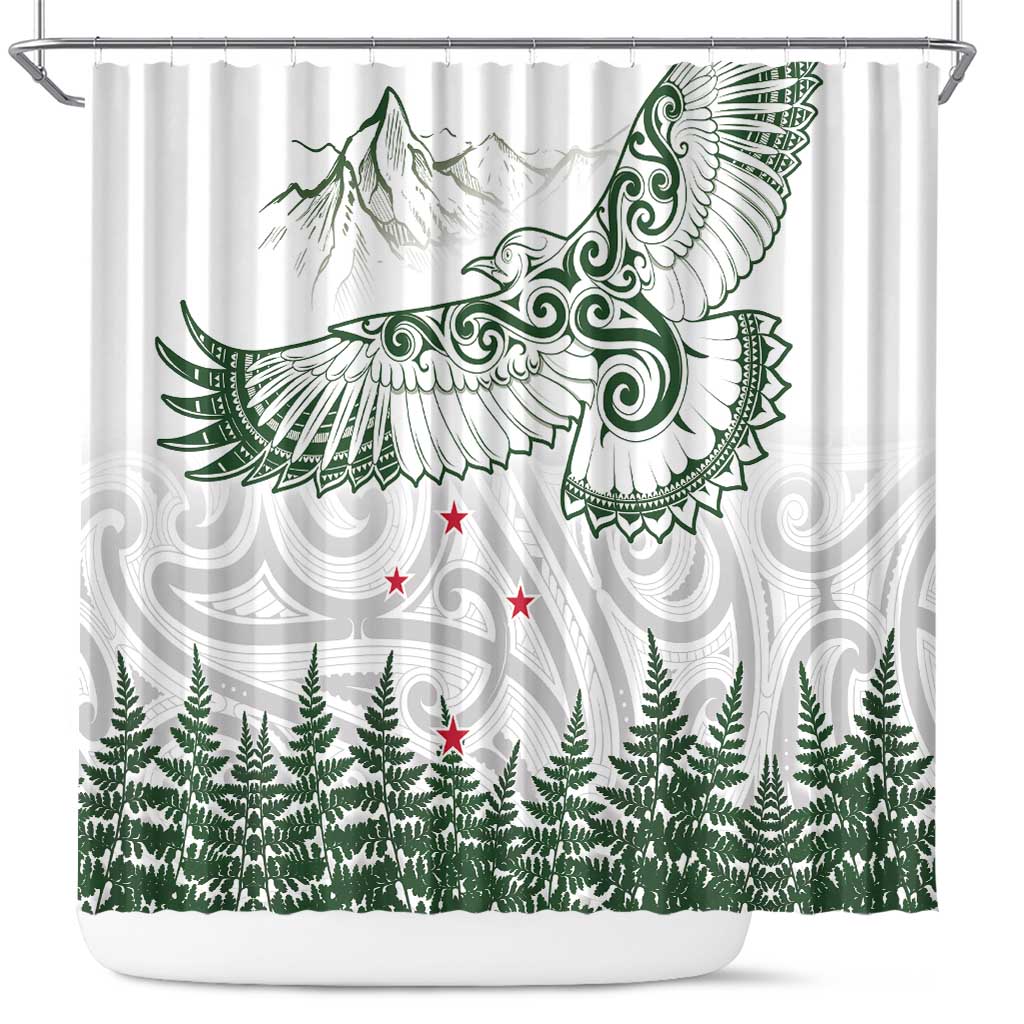 New Zealand Kea Bird Shower Curtain Maori Tattoo and Silver Fern Green Color LT03 White - Polynesian Pride